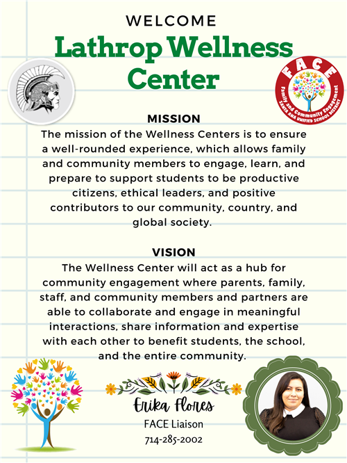 Flyers display the Mission and the Vision of the Wellness Center. Call Erika at 714-285-2002 for further information.